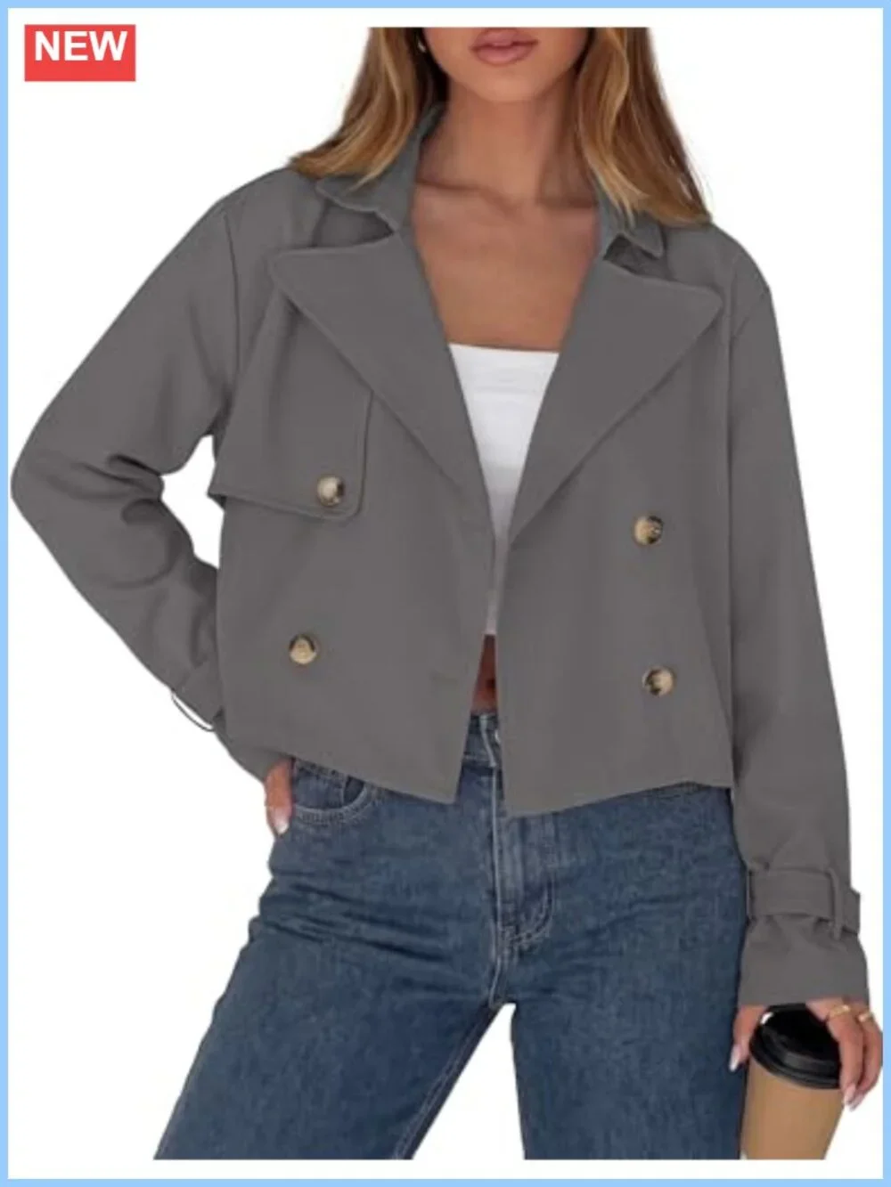 Cropped Trench Coat Women Short Double Breasted Jacket Cotton Blend